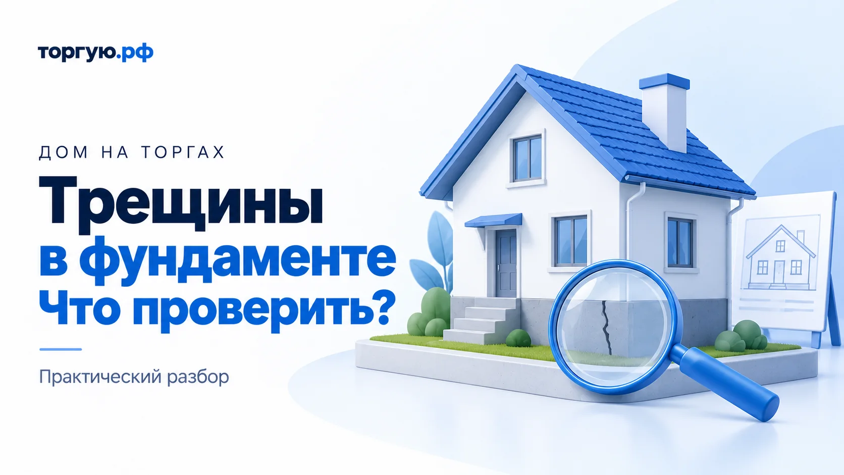 Бело-синяя иллюстрация дома с синей крышей, лупой перед трещиной на цоколе и планшетом со схематичным фасадом; слева надпись «Трещины в фундаменте. Что проверить?».
