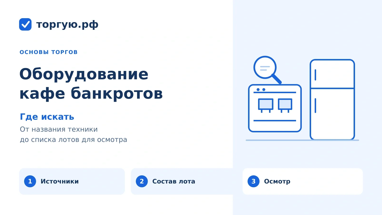 Бело-синяя обложка торгую.рф: поиск оборудования кафе, кофемашина, холодильный шкаф и список лотов для осмотра.