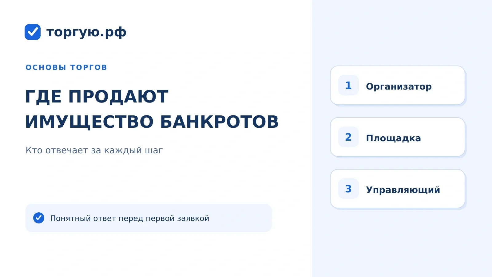 Бело-синяя обложка с тремя карточками ролей: организатор, электронная площадка и управляющий. Заголовок: «Где продают имущество банкротов».