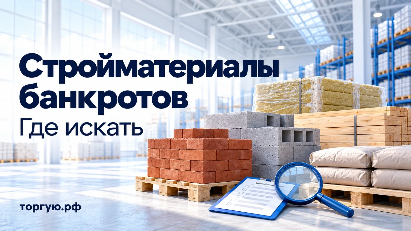 Кирпич, блоки, доски, утеплитель и мешки на складе, синяя лупа и опись; обложка торгую.рф «Стройматериалы банкротов. Где искать».
