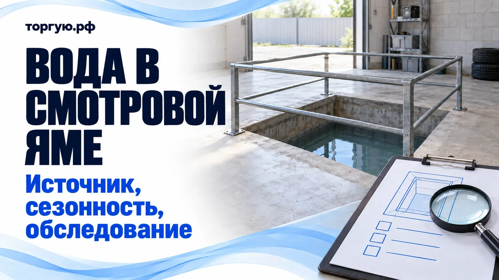 Вода в ограждённой смотровой яме гаража; рядом условный план обследования и лупа для проверки источника и сезонности подтопления.