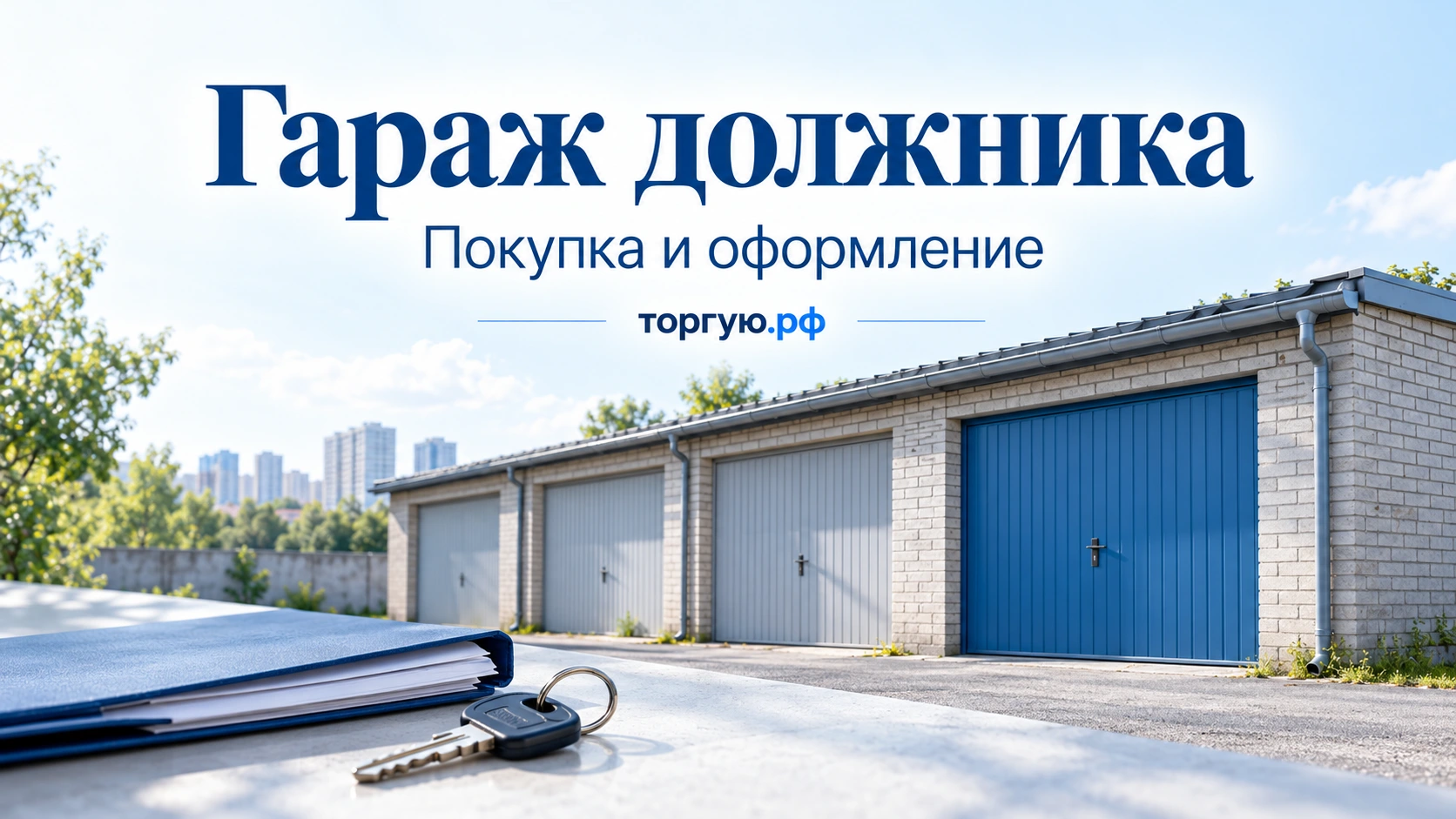 Гараж с синими воротами, документы и ключ: покупка и оформление гаража должника.