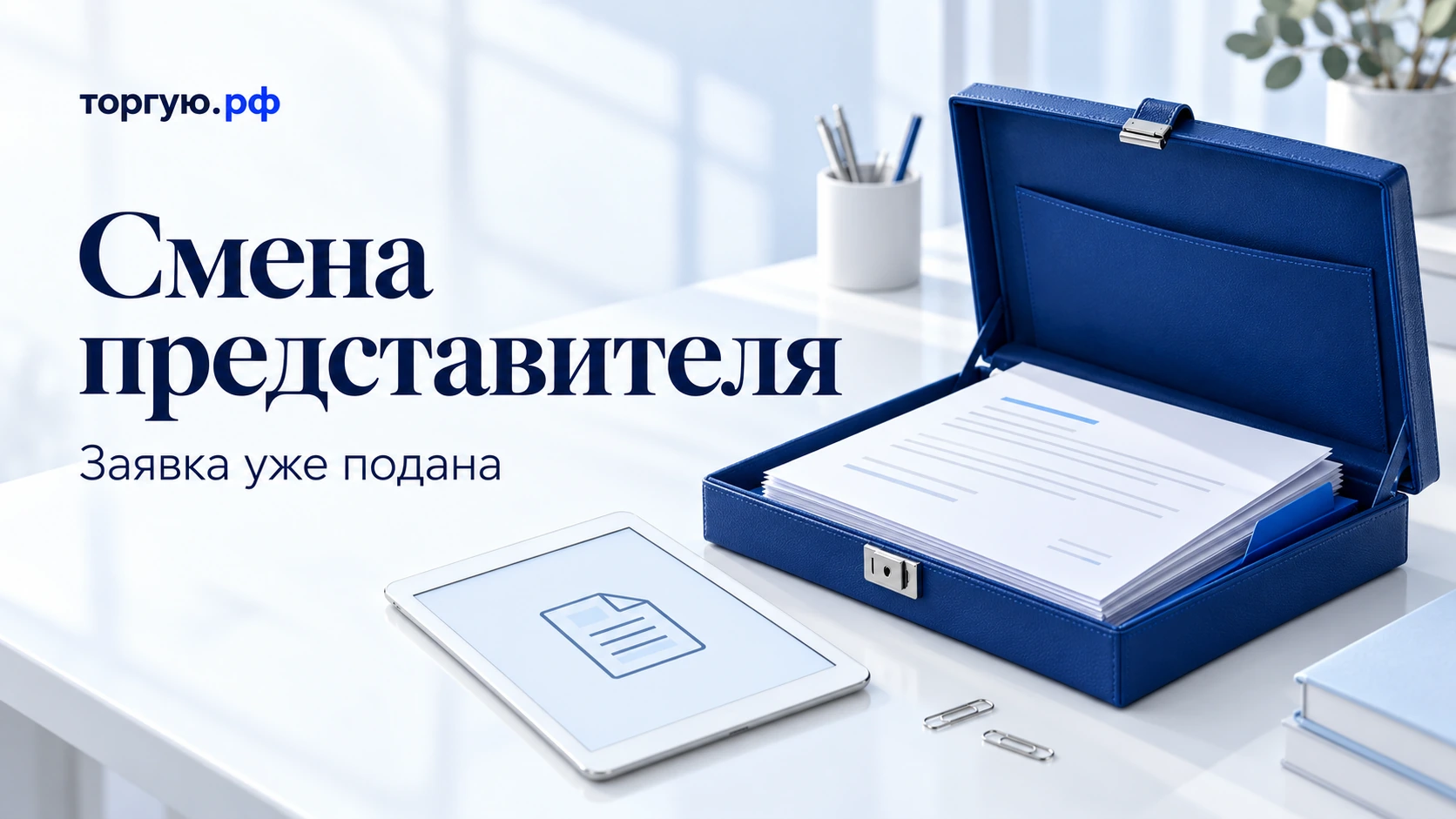 Открытая синяя папка с документами: смена представителя после подачи заявки на торги