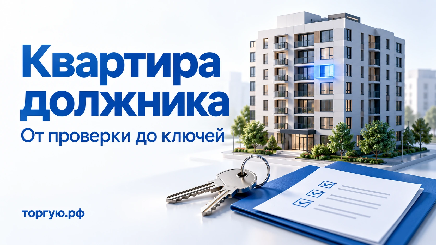 Квартира должника: бело-синий многоквартирный дом, ключи и документы. Надпись «От проверки до ключей», торгую.рф.
