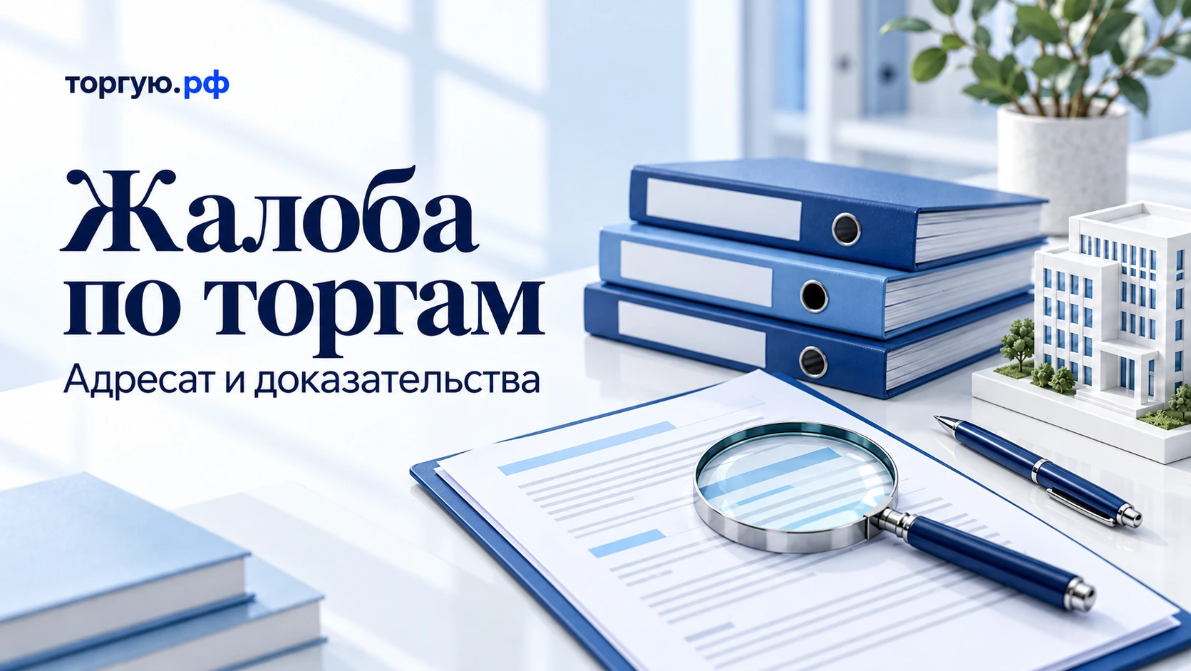 Папки документов, лупа и модель здания: выбор адресата и доказательств по жалобе на торги