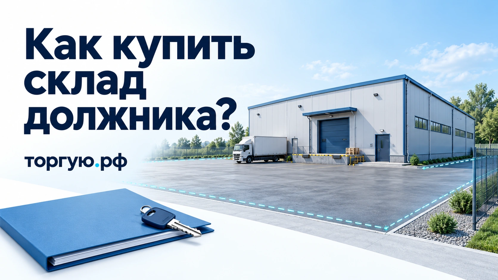 Как купить склад должника: складское здание с площадкой для разгрузки, папка документов и ключ на обложке торгую.рф.