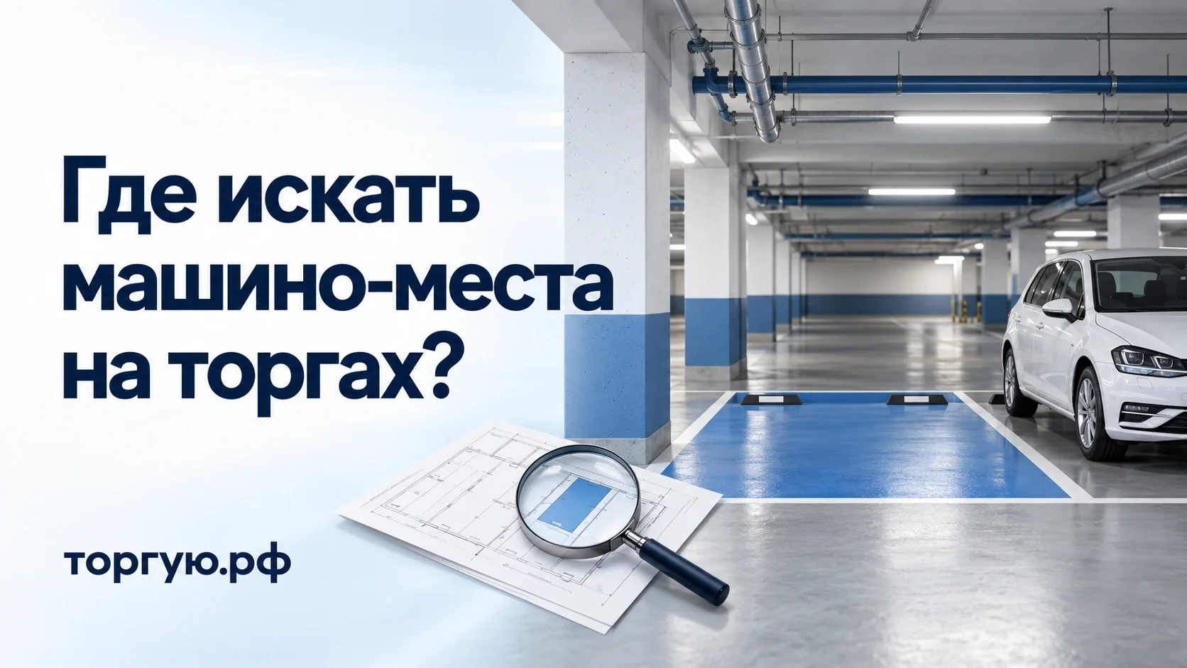 Пустое машино-место с синей разметкой в паркинге, план и лупа. Где искать машино-места на торгах? торгую.рф