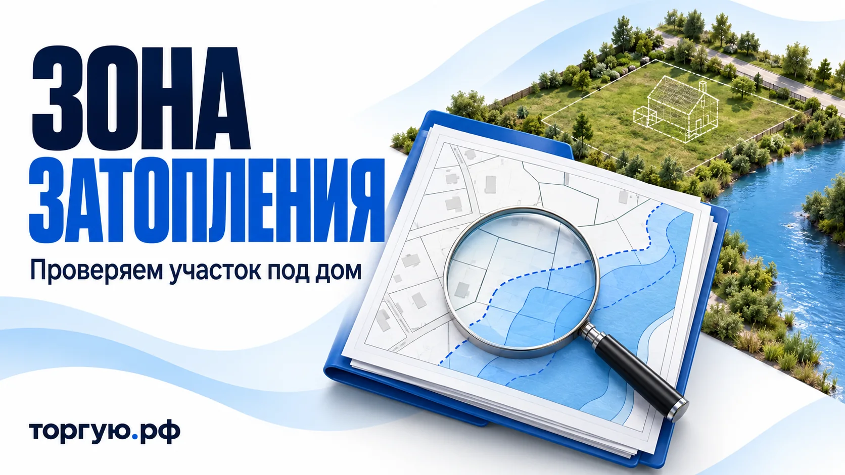 Схема участка у реки с выделенной зоной затопления и лупой; проверка границ ограничения и места будущего дома перед покупкой земли на торгах