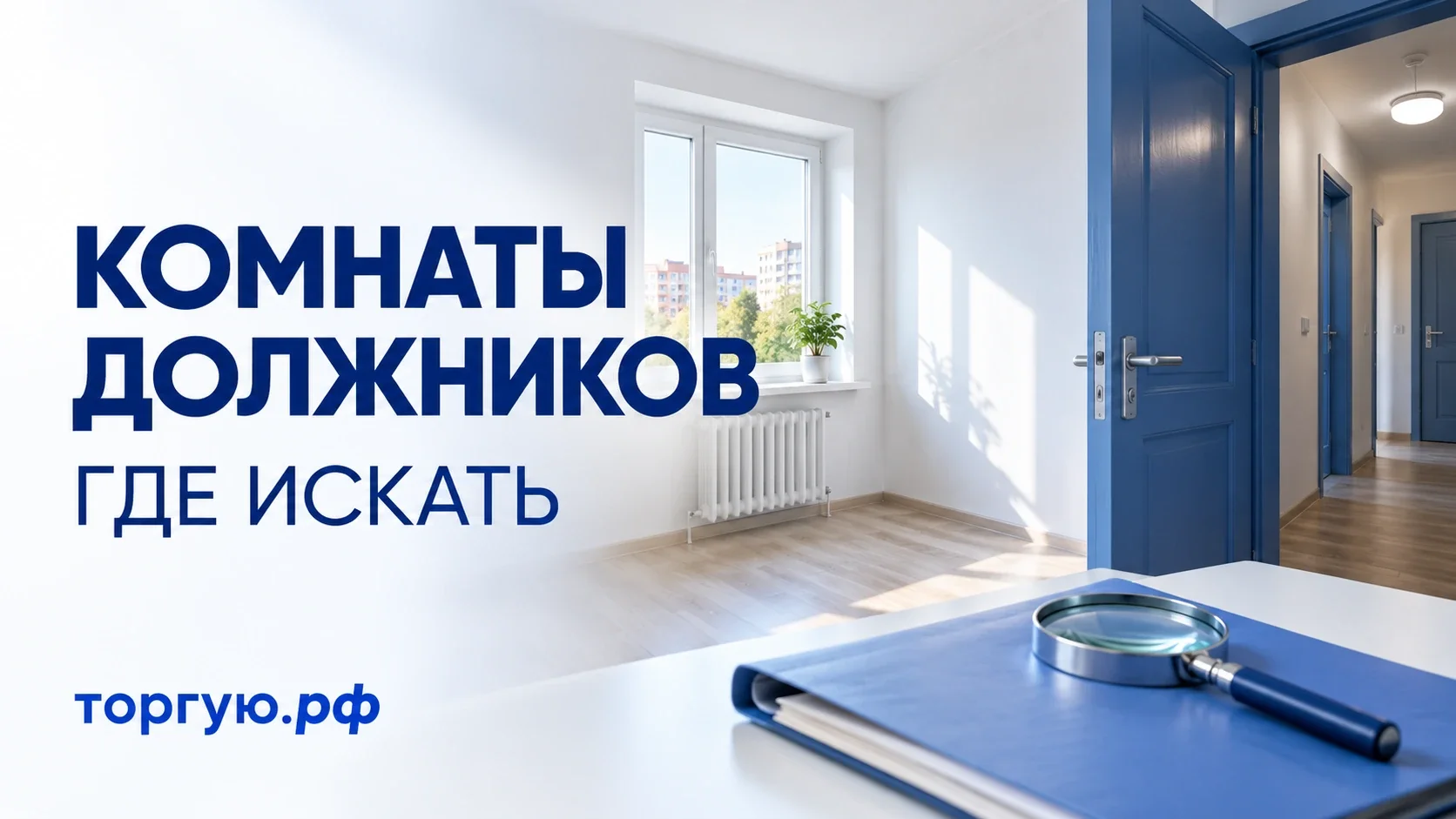 Светлая комната с синей дверью в общий коридор, папка и лупа; надпись «Комнаты должников. Где искать» и бренд торгую.рф.