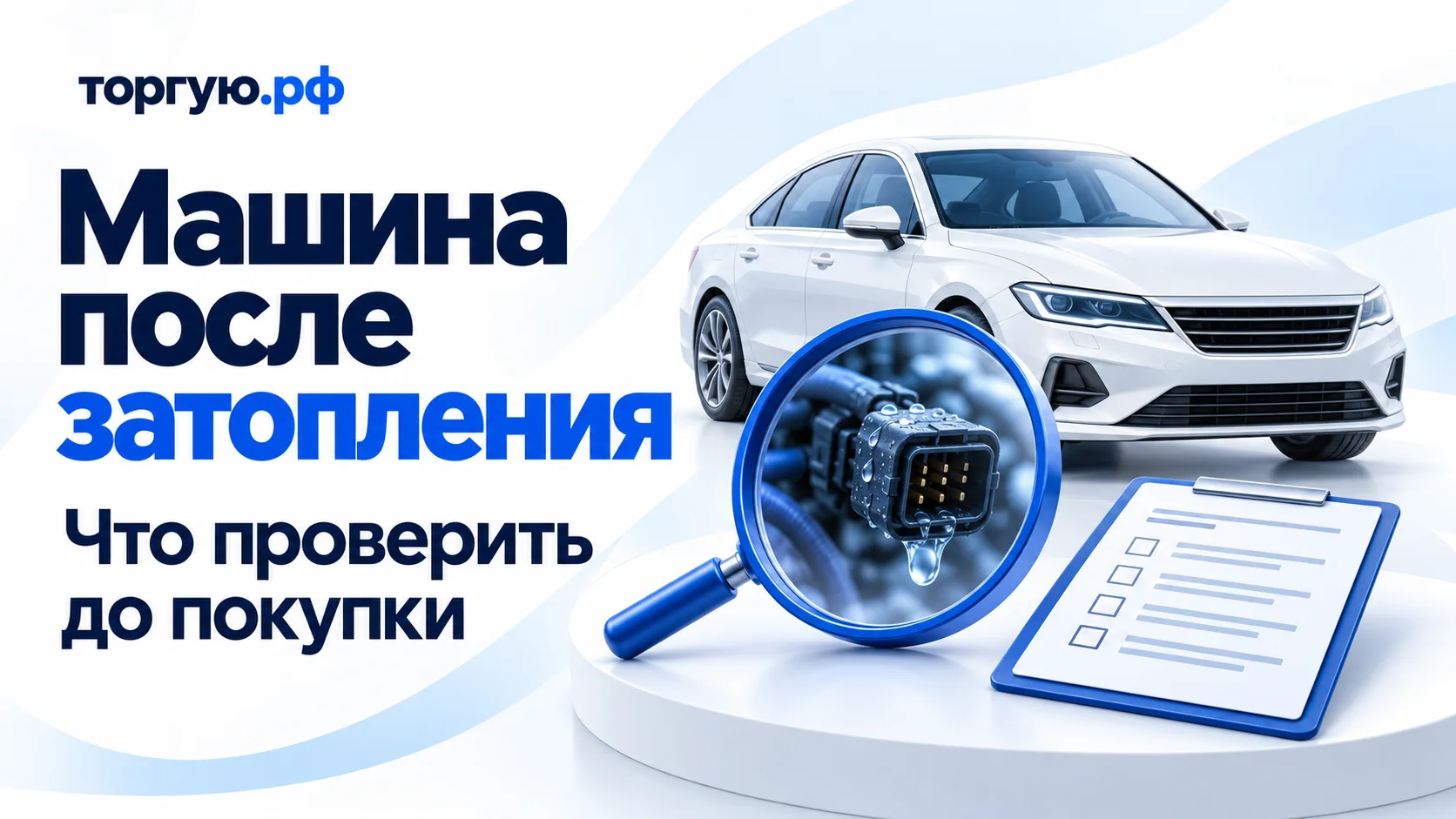 Обложка «Машина после затопления» с подзаголовком «Что проверить до покупки»: белый автомобиль, лупа с мокрым разъёмом и лист диагностики на бело-синем фоне с брендом «торгую.рф».