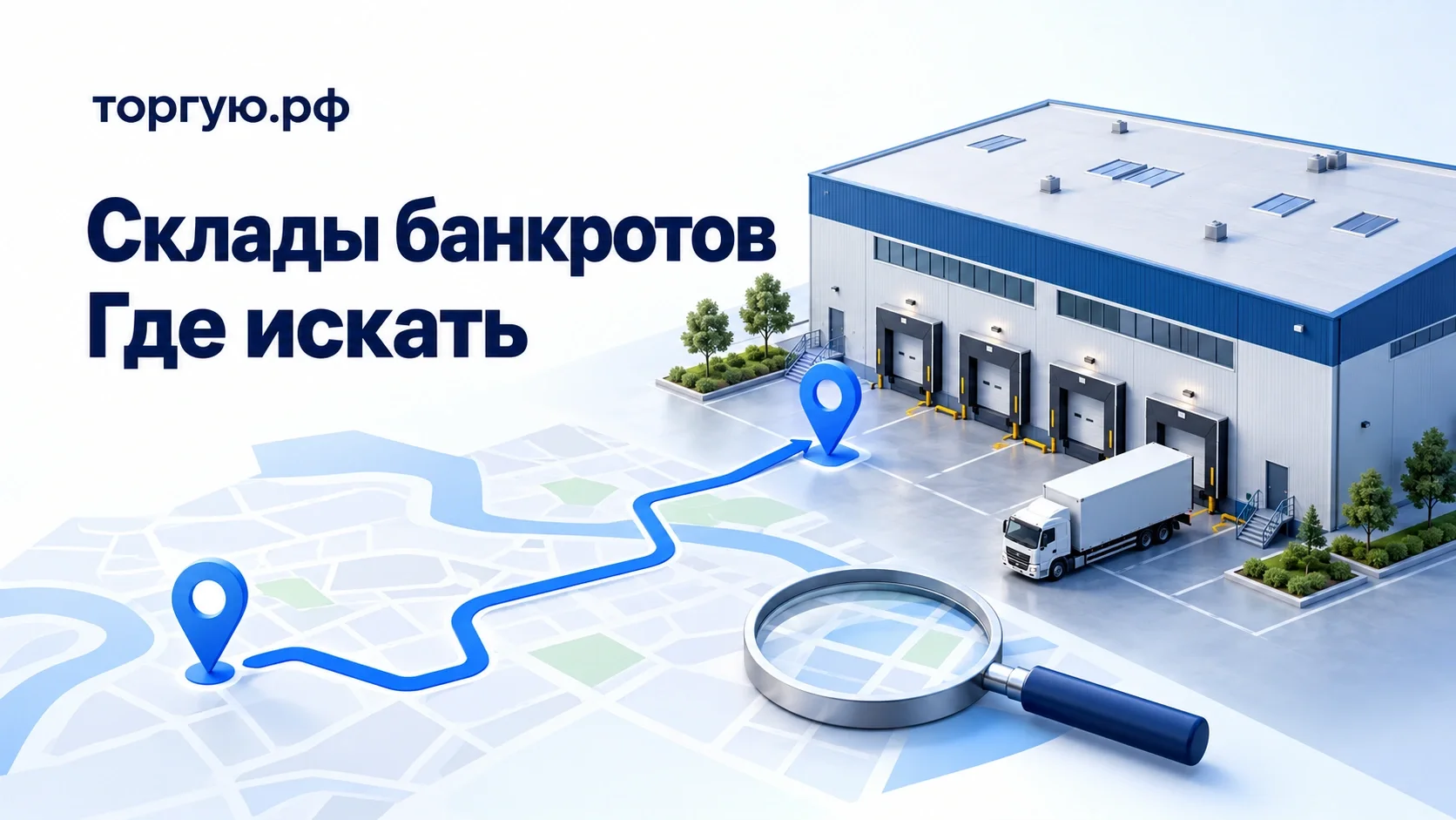 Бело-синяя обложка торгую.рф: склад с воротами, грузовик, маршрут на карте и лупа. Заголовок «Склады банкротов. Где искать».