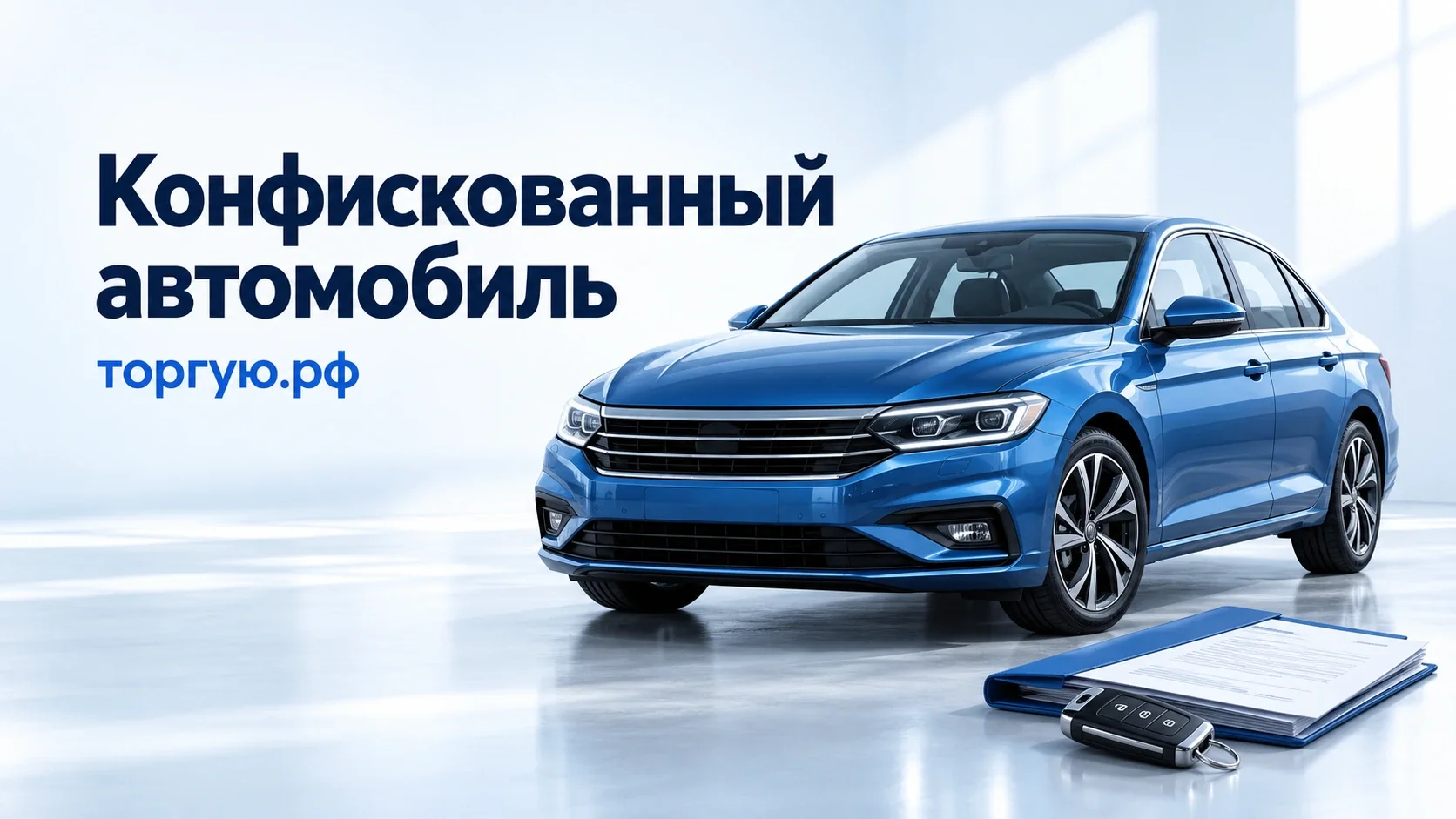 Синий легковой автомобиль, документы и ключ на бело-голубом фоне; надпись «Конфискованный автомобиль» и бренд торгую.рф.