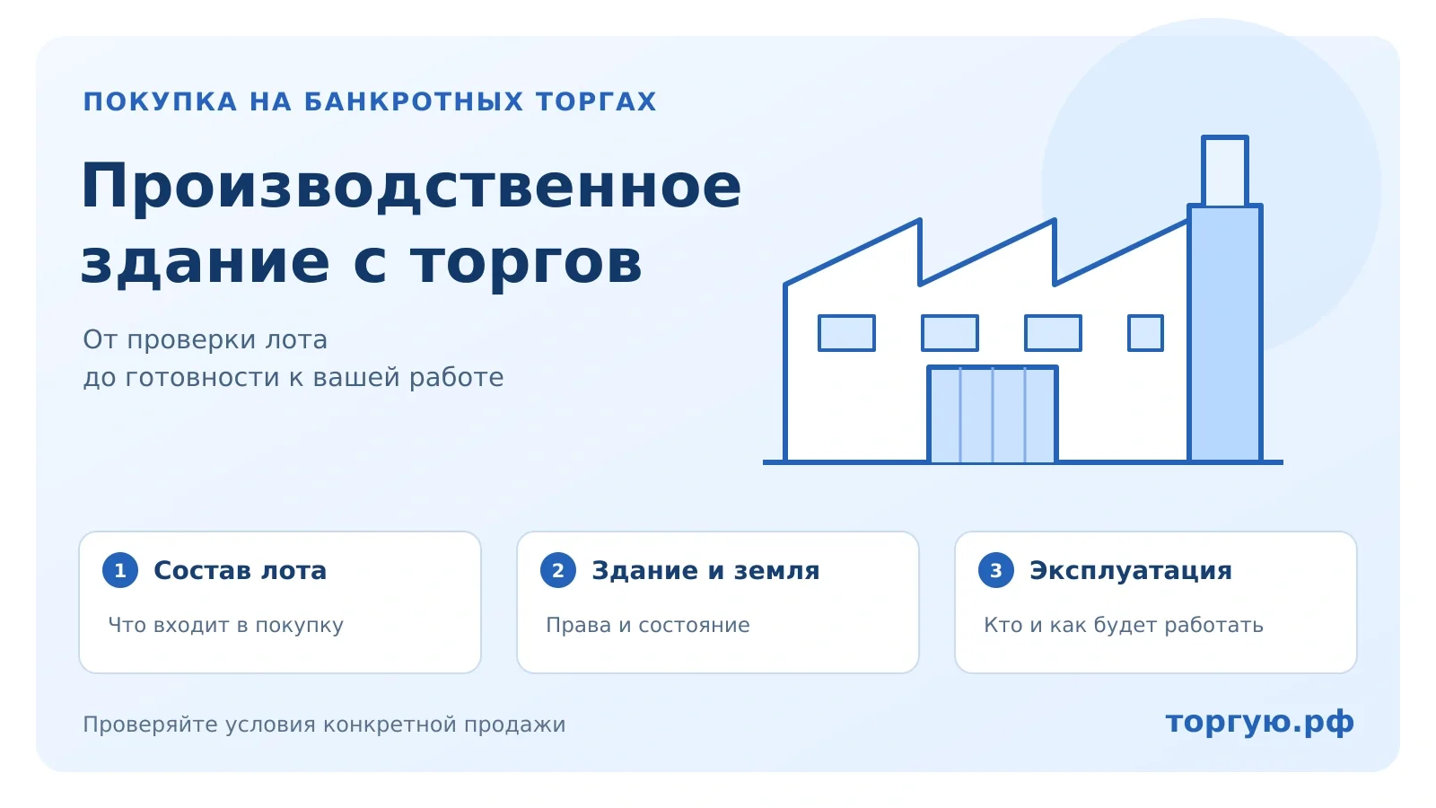 Производственное здание с торгов: состав лота, права на здание и землю, будущая эксплуатация. Торгую.рф.