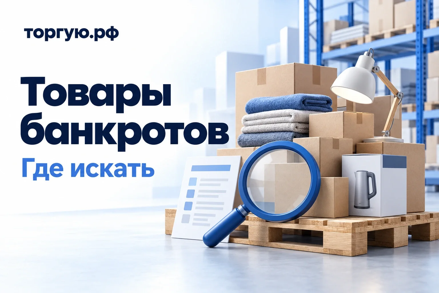Коробки с товарами, текстиль, лампа, опись и синяя лупа на складе; обложка торгую.рф «Товары банкротов. Где искать».