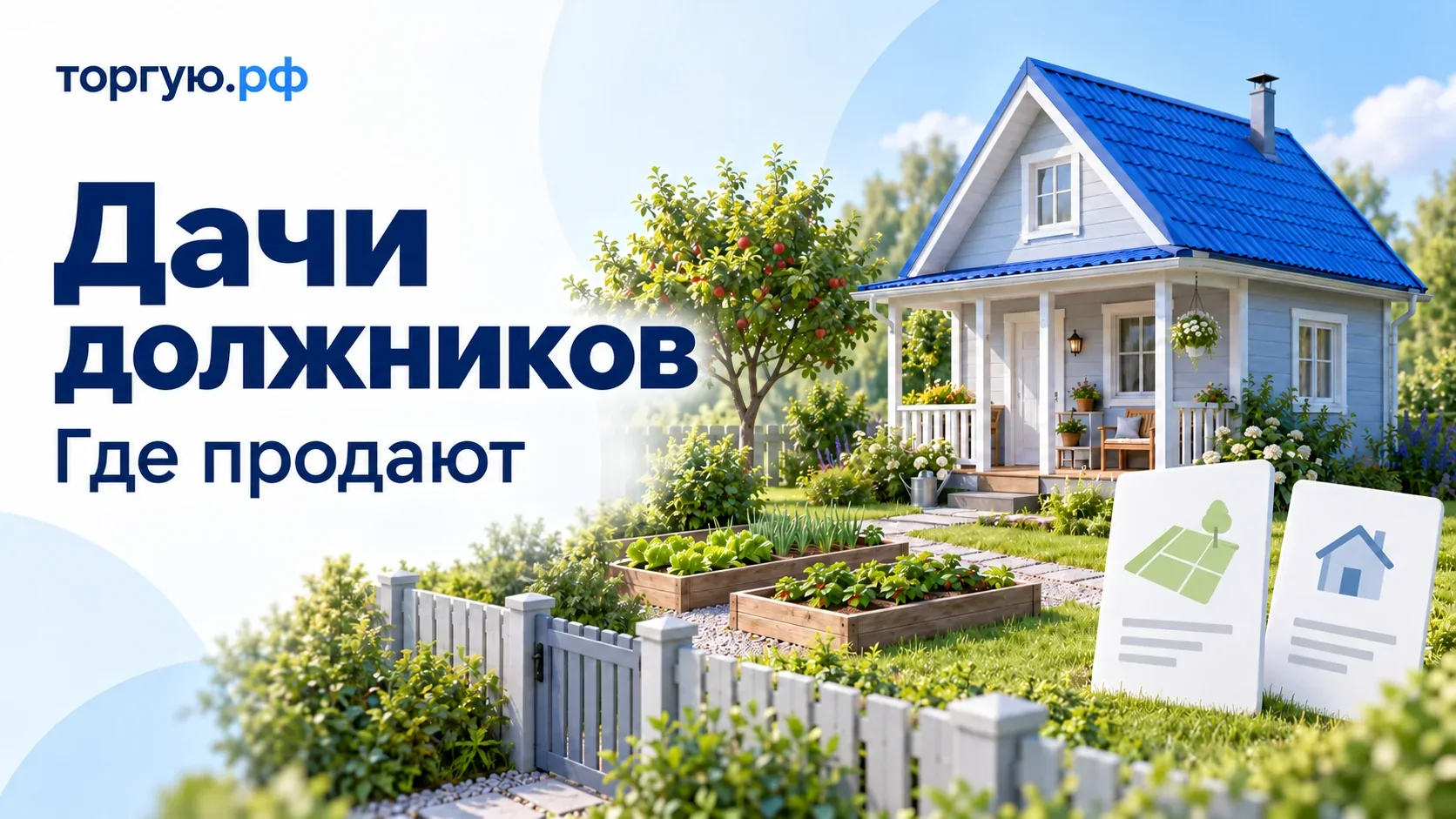 Садовый дом с синей крышей, верандой, грядками и деревом за забором, рядом карточки земли и здания. Обложка торгую.рф «Дачи должников. Где продают».