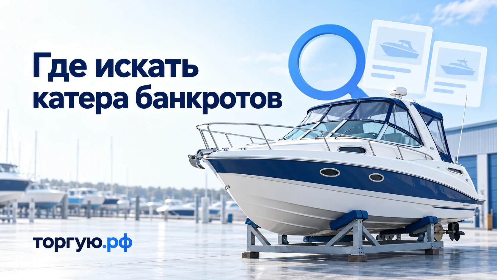 Бело-синяя обложка «Где искать катера банкротов»: катер на опоре у стоянки, лупа, карточки предложений и логотип торгую.рф.