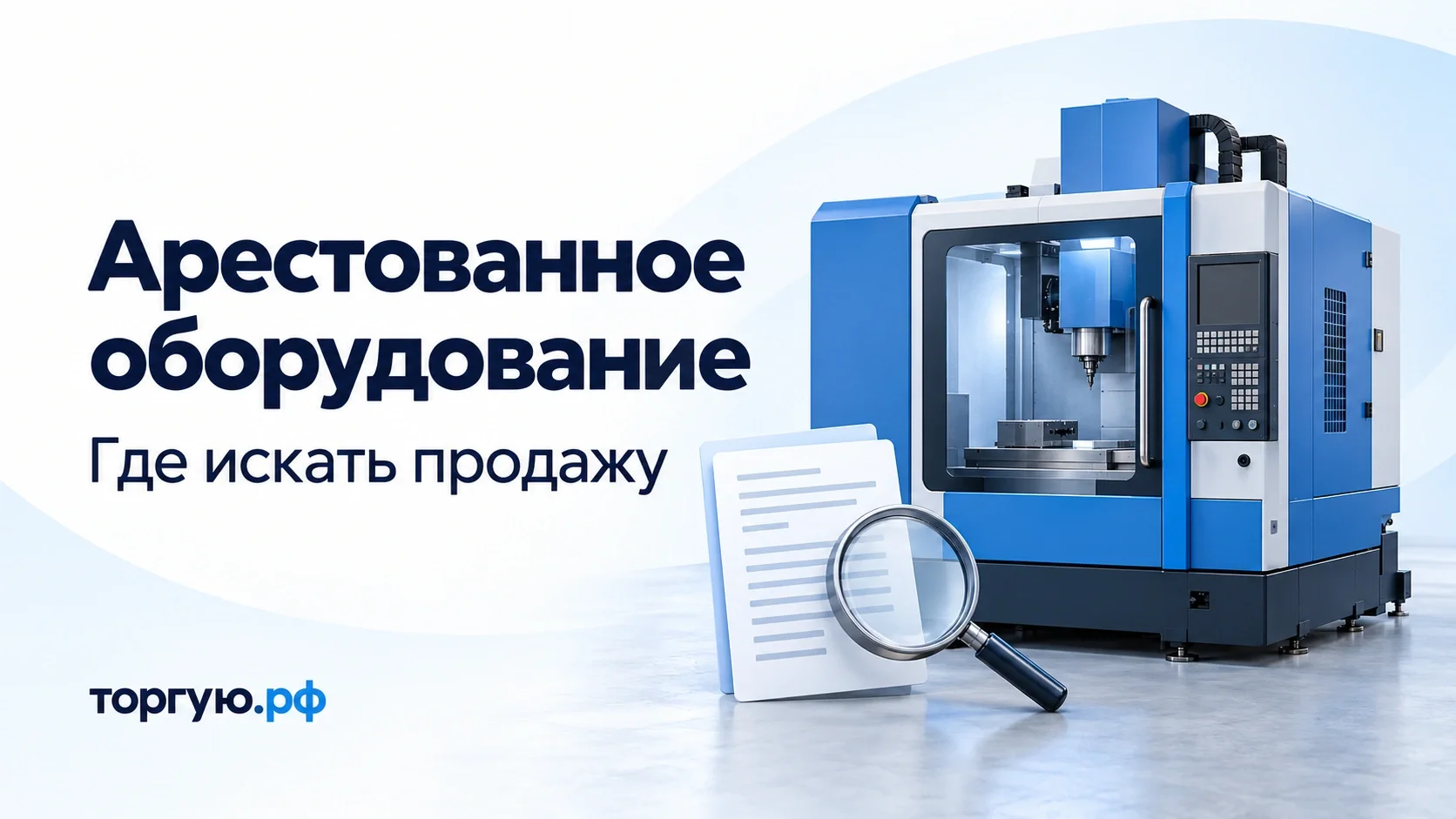 Арестованное оборудование: промышленный станок, документы и лупа на бело-голубой обложке торгую.рф.