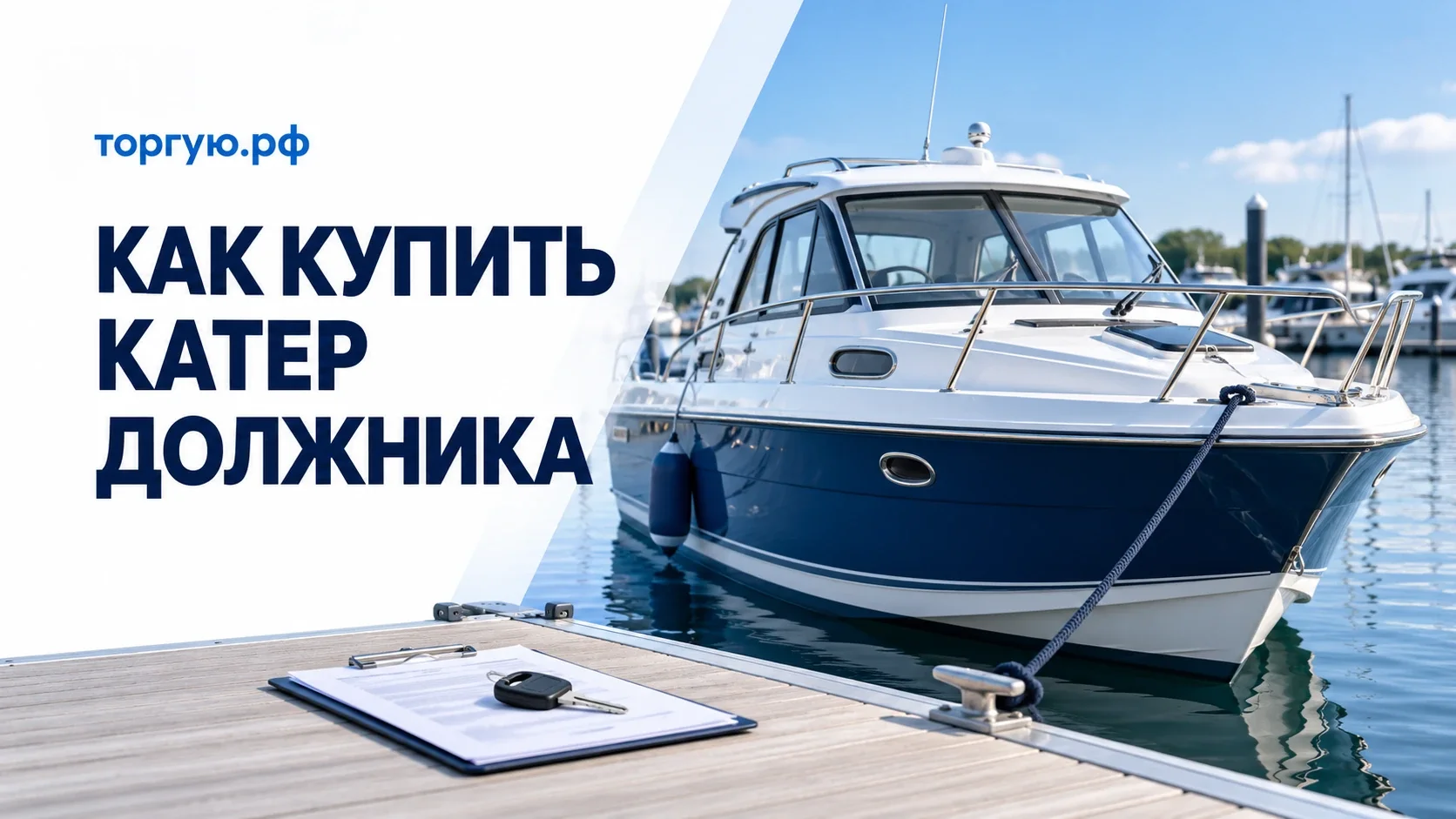 Каютный катер у причала, документы и ключ; бело-синяя обложка торгую.рф «Как купить катер должника».