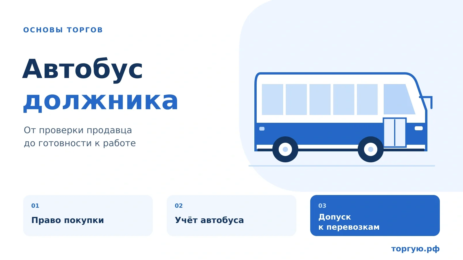 Бело-синяя обложка «Автобус должника»: автобус и три проверки — право покупки, учёт автобуса, допуск к перевозкам.