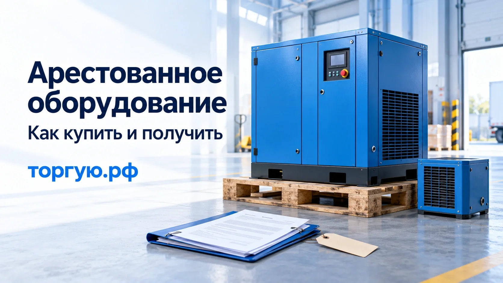 Арестованное оборудование: закрытый синий промышленный компрессор на поддоне, отдельный узел и папка документов на бело-синей обложке торгую.рф.