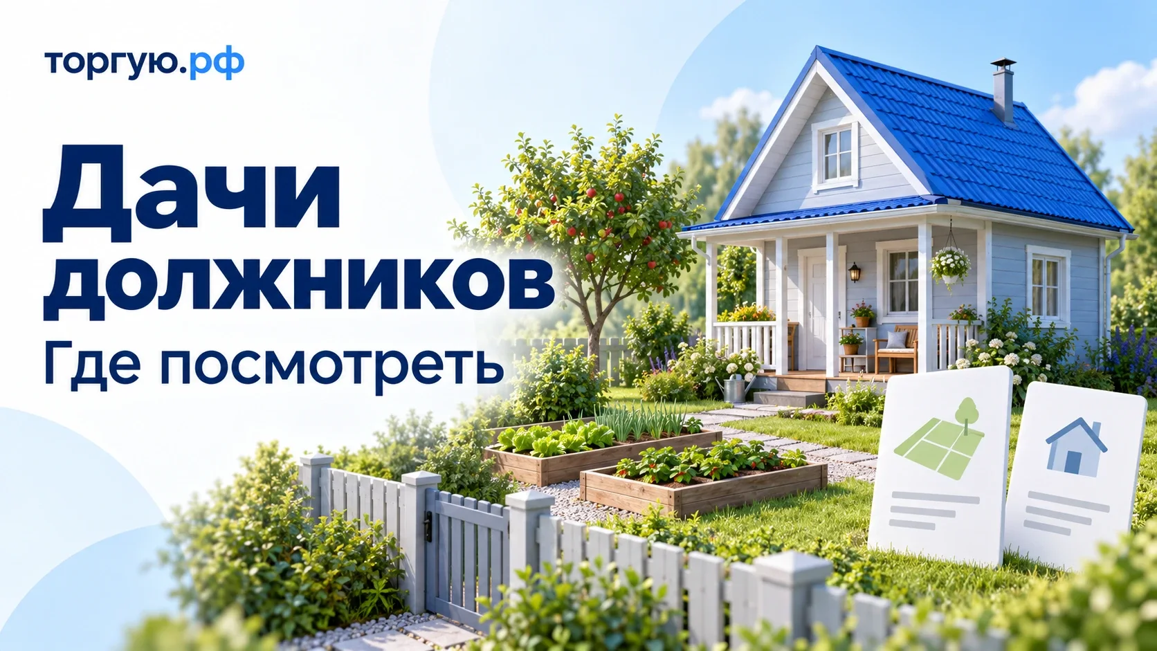 Садовый дом с синей крышей, верандой, грядками и деревом за забором, рядом карточки земли и здания. Обложка торгую.рф «Дачи должников. Где посмотреть».