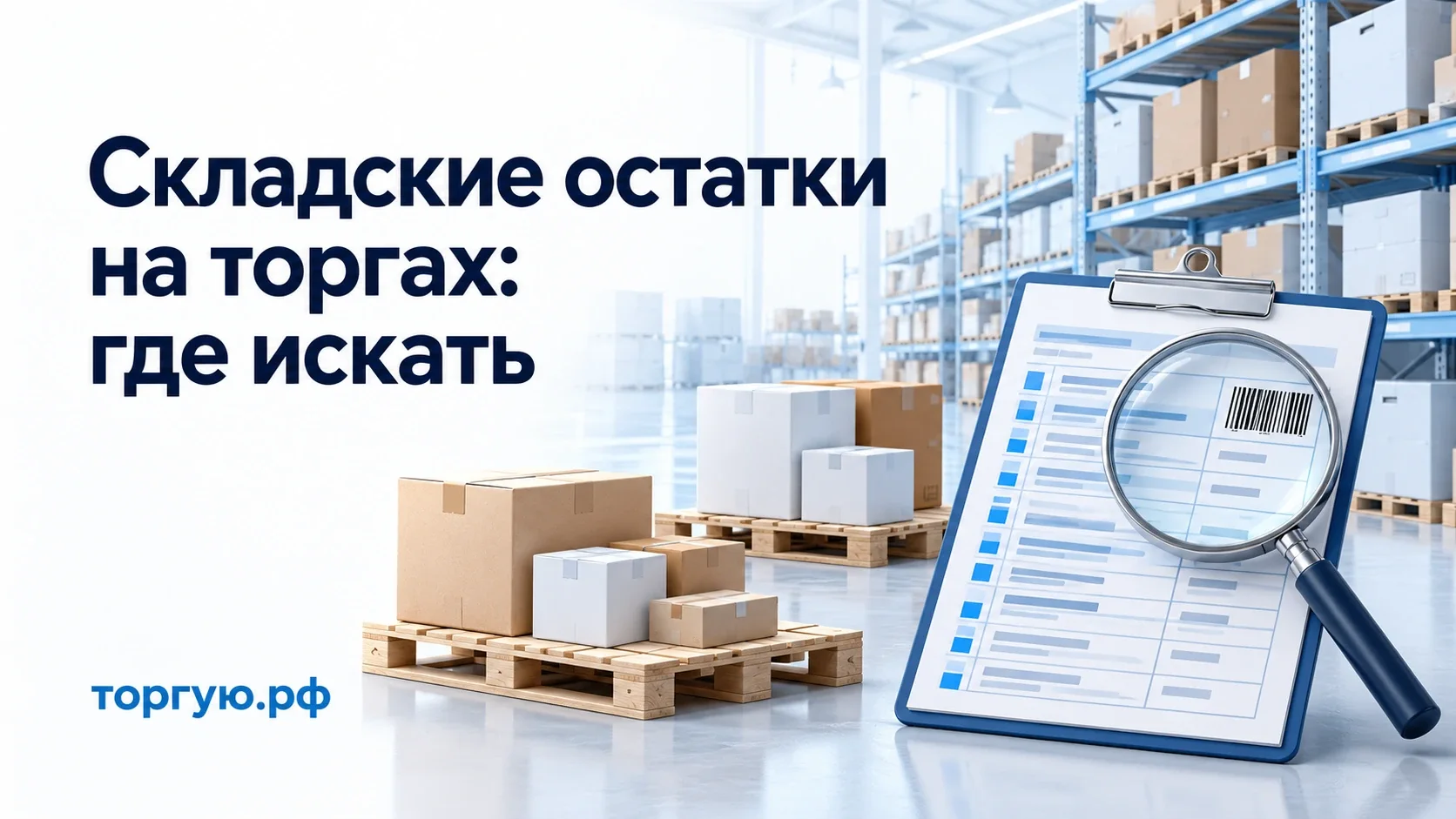 Складские стеллажи, коробки на поддонах и опись с лупой. Бело-голубая обложка «Складские остатки на торгах: где искать» с брендом торгую.рф.