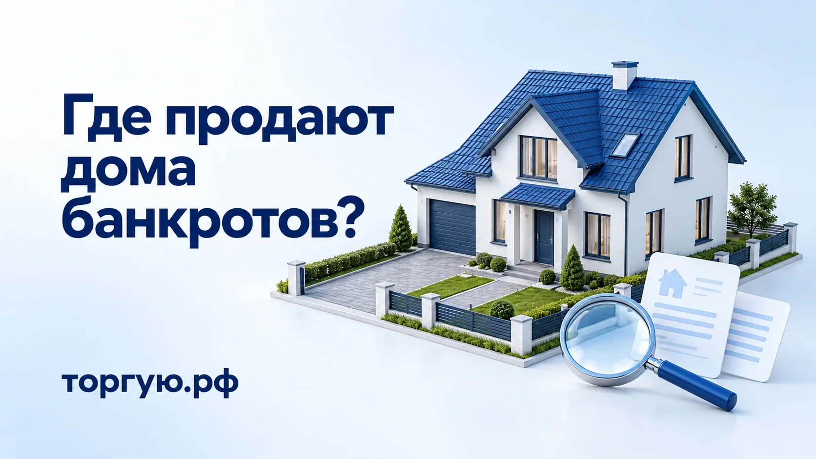 Дом с синей крышей на участке, документы и лупа; бело-голубая обложка «Где продают дома банкротов?» с брендом торгую.рф.