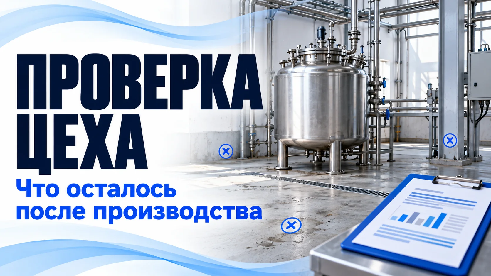 Промышленный цех с закрытой технологической ёмкостью, условными точками отбора проб и лабораторным отчётом: проверка остаточного загрязнения